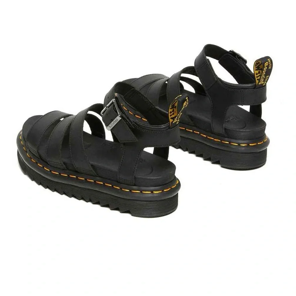 Dr. Martens Black Leather Gladiator Sandals with Yellow Stitching
